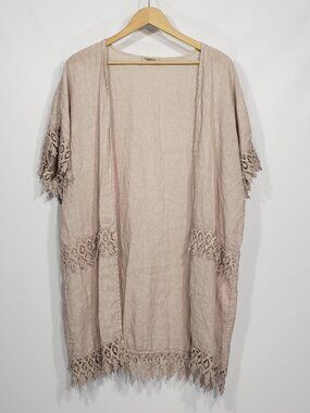 Valentina Naldi Open Front Tan Linen Duster One Size Crochet Trim Festival Boho